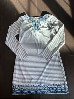 Cabana Life White and Blue Striped Embroidered nylon UV protectant swim coverup.